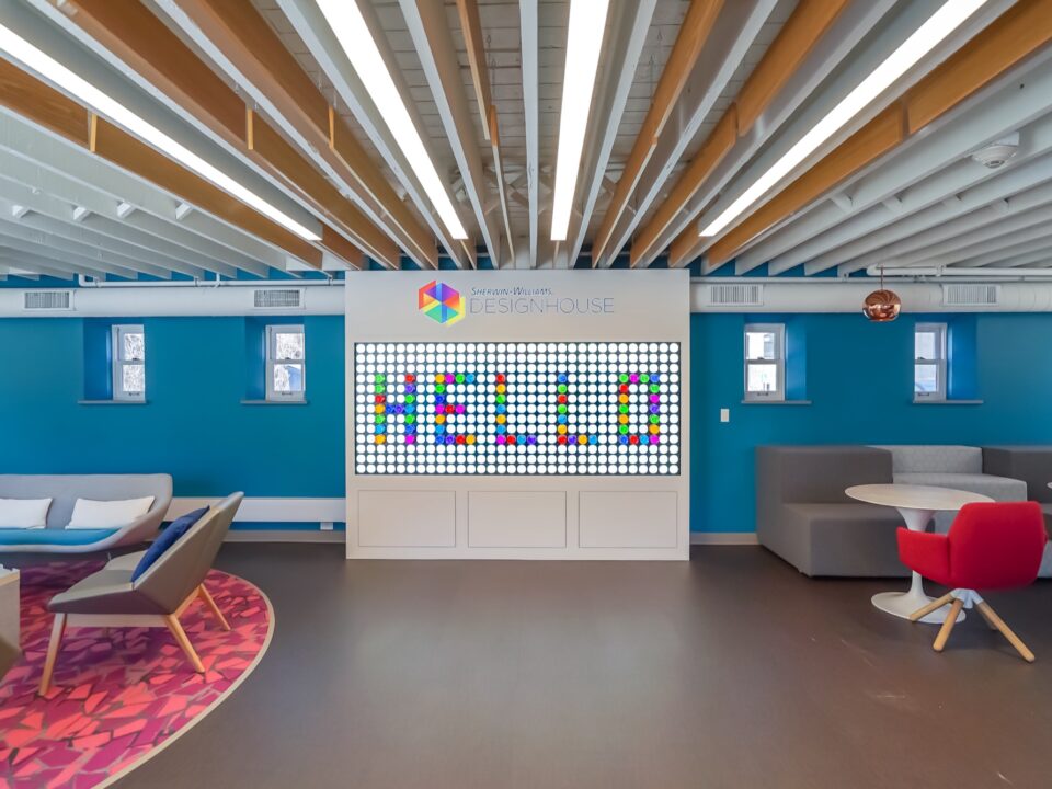 Hello spelled with colorful lights on a Sherwin Williams exhibit
