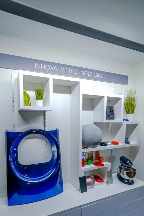 Shelves displaying innovative technologies from Sherwin Williams