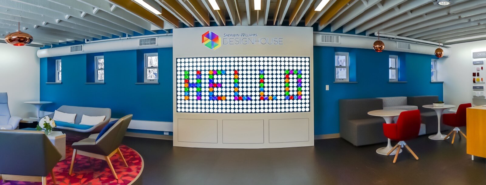 "Hello" spelled using colorful lights for a paint company's marketing booth