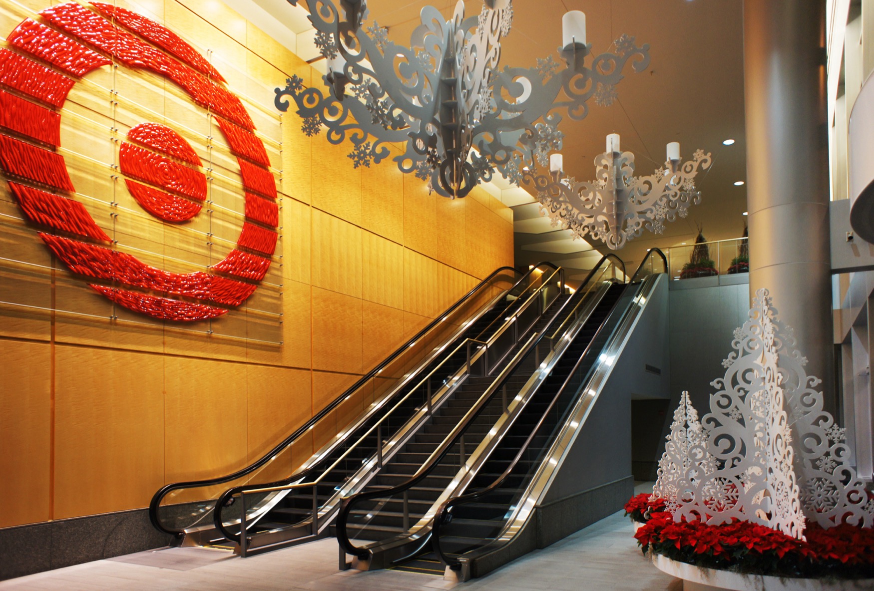 Target wall hanging logo above an escalator