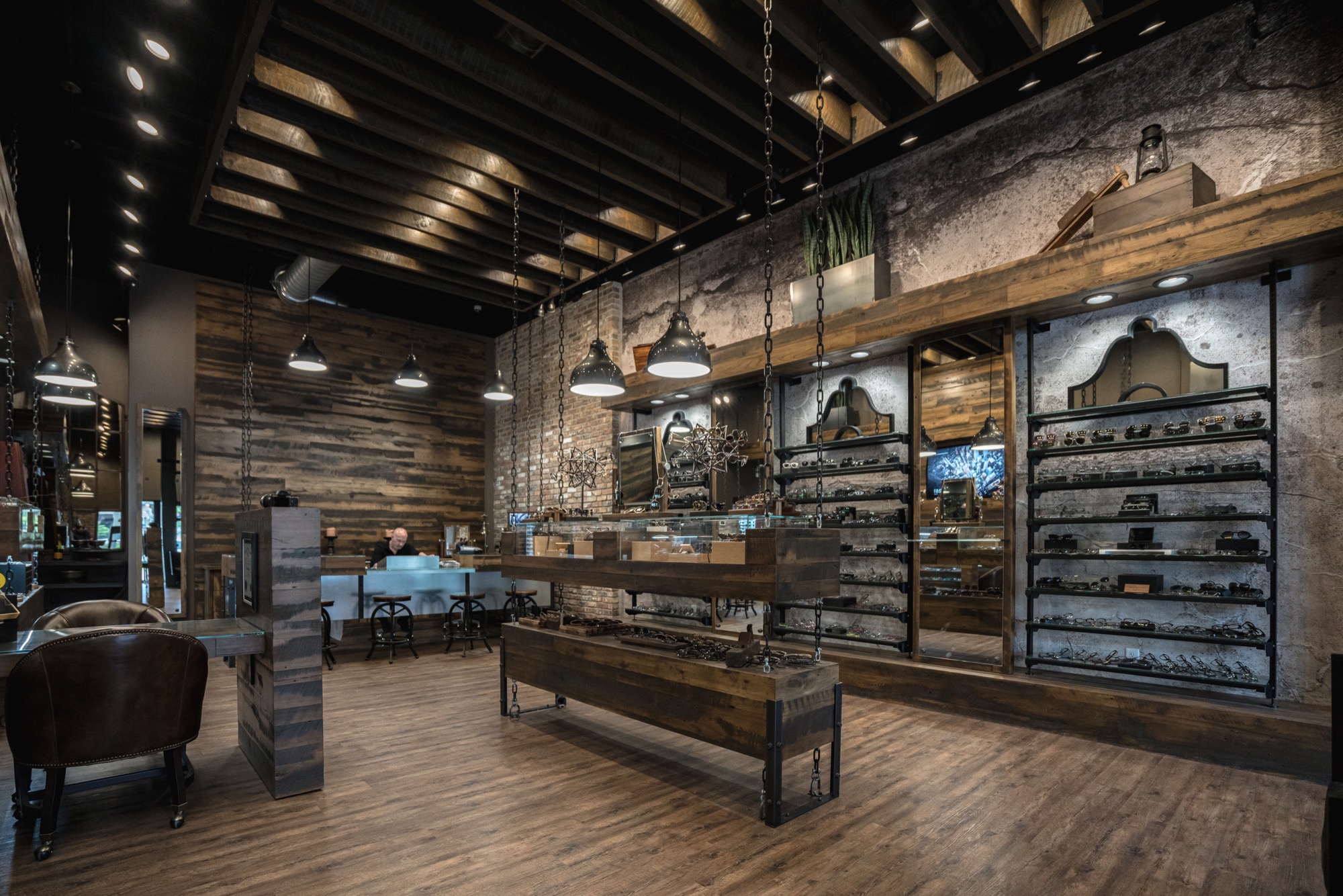 Natural wood and stone themed shop interior
