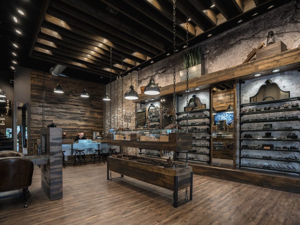 Natural wood and stone in-store product displays