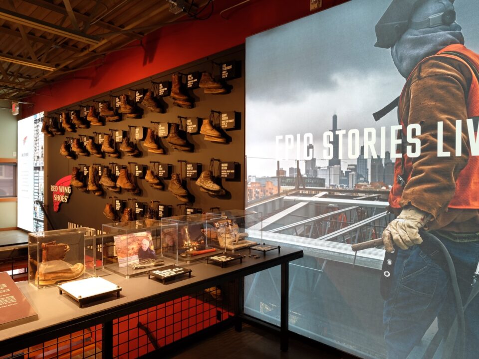 In-store Red Wing Shoes product displays and wall mural