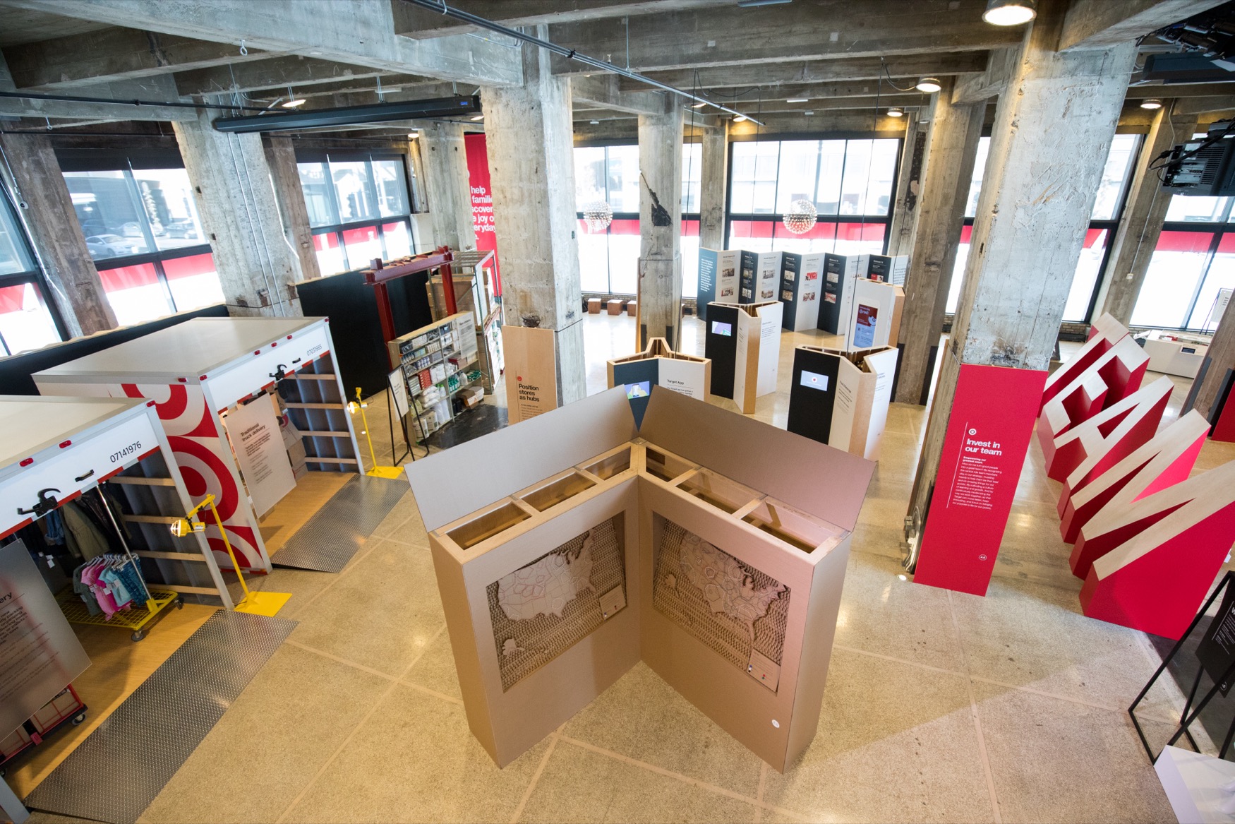 Target marketing displays set up in an industrial building