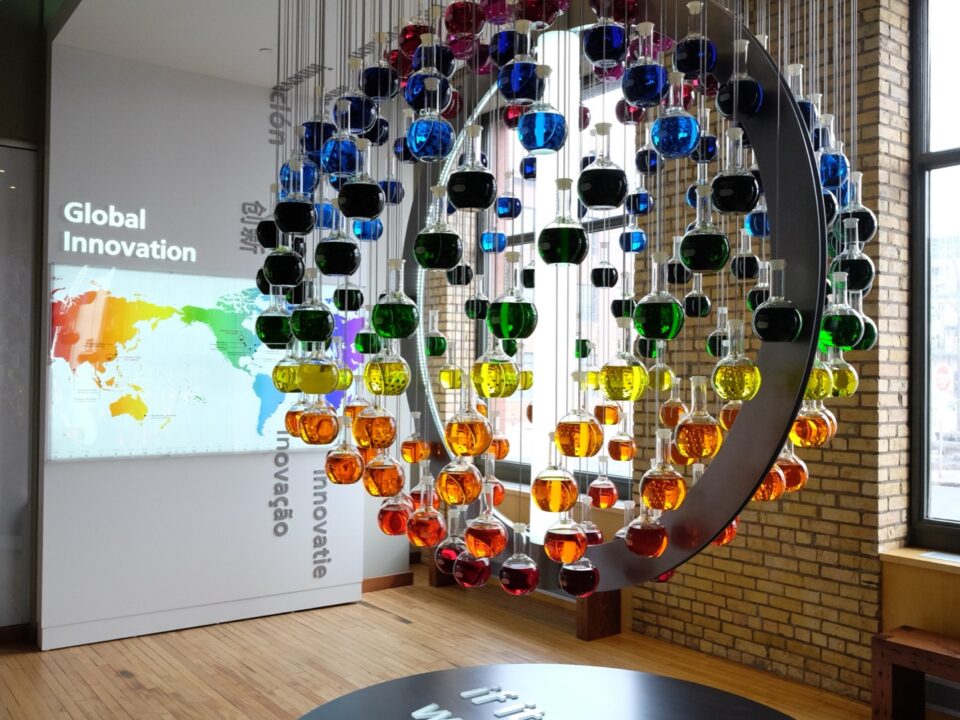 Valspar colorful hanging flask exhibit