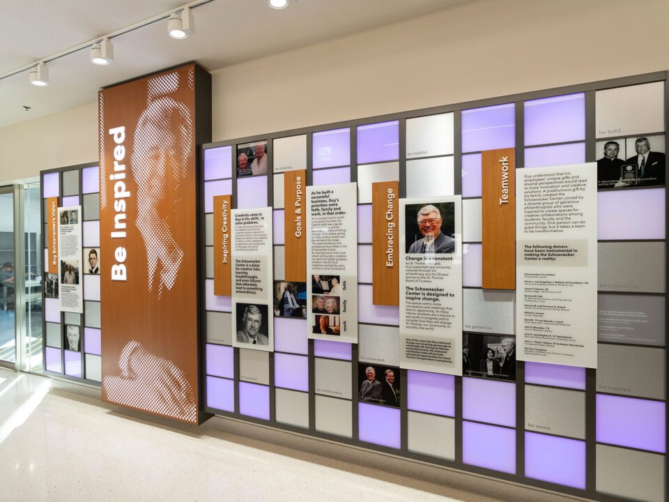 Image of a wall in the University of Saint Thomas celebrating the donor Guy Schoenecker