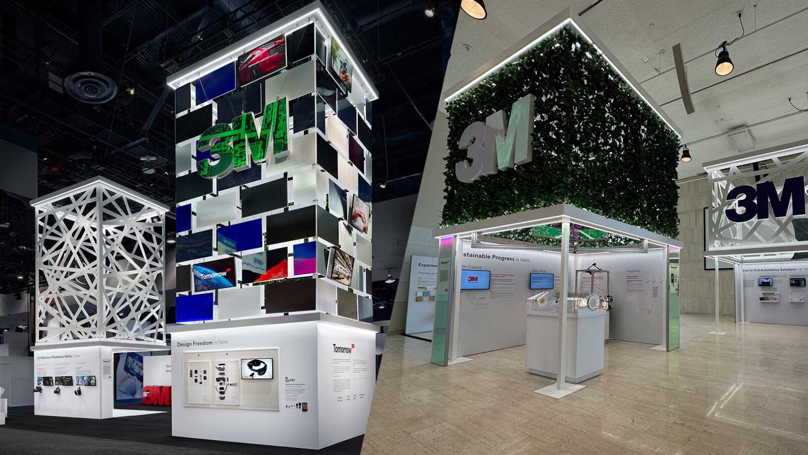 Side by side images of 3M's exhibit at CES and the same structures reused for an employee event.