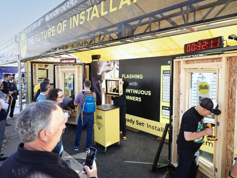Pella exhibit at IBS with timed challenge for the launch of their new product the Steady Set window installation system