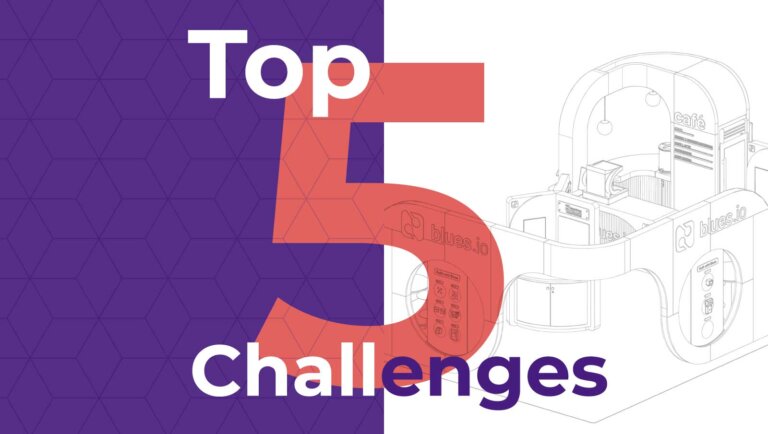 Text: "Top 5 Challenges" stylized over an exhibit blueprint