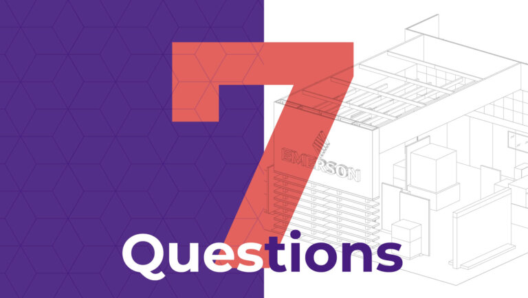 image that reads "7 questions" on top of a rendering of a trade show exhibit