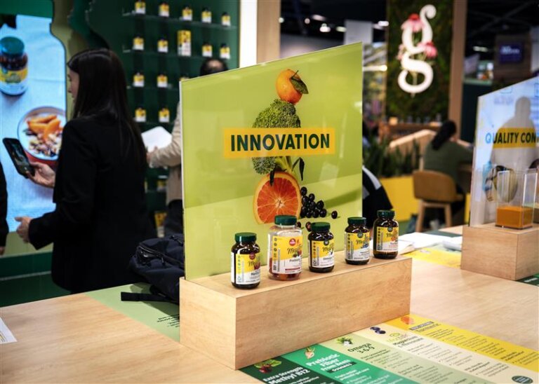 A closeup of a product display at expo west for MegaFood within their trade show exhibit.