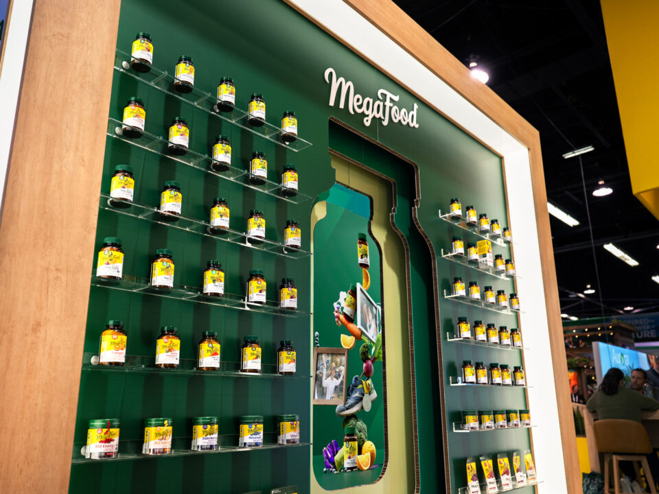 Image of a product display from the MegaFood exhibit ExpoWest 2025